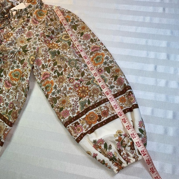 Blu Pepper Sz S Floral Bohemian Burton Blouse - Cream & Brown Balloon Sleeves - Picture 9 of 15